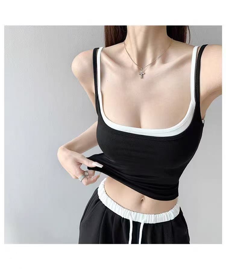 2025 summer new design niche hot and versatile shoulder strap contrast suspender top