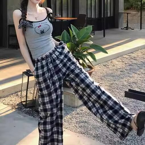 Scottish town, crumpled lace, early spring vintage plaid pants