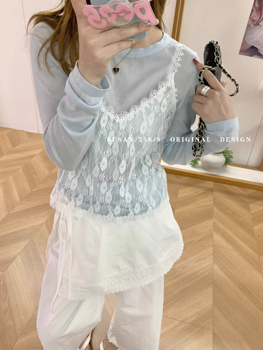 SUSAN Korean temperament design versatile knitted shirt slim lace suspender vest two-piece set for women