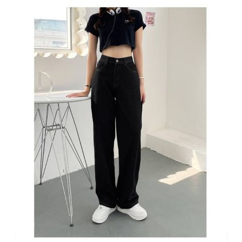 New spring and summer wide-leg jeans for women loose high waist straight-leg pants versatile slim Hong Kong style pants casual dad pants