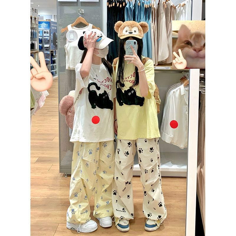 White cute dog paw casual pants for women 2025 new small summer thin loose straight high waist wide-leg pants