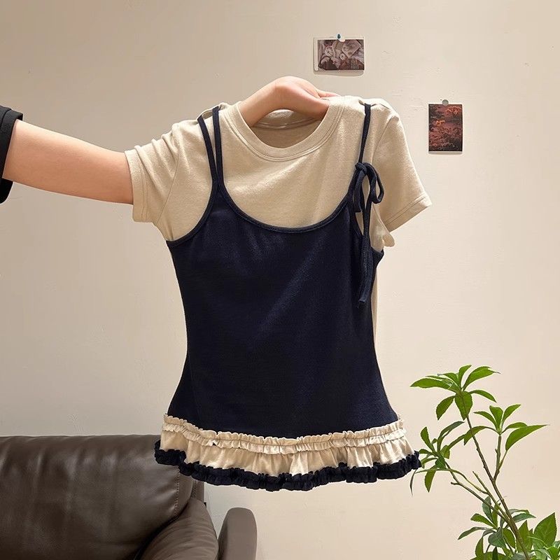 260g free-cut modal 1*1 summer design hem pure fake two-piece top