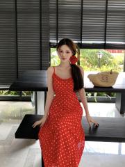 Real photo of polka dot suspender dress for women in summer design lace-up slim holiday dress long dress