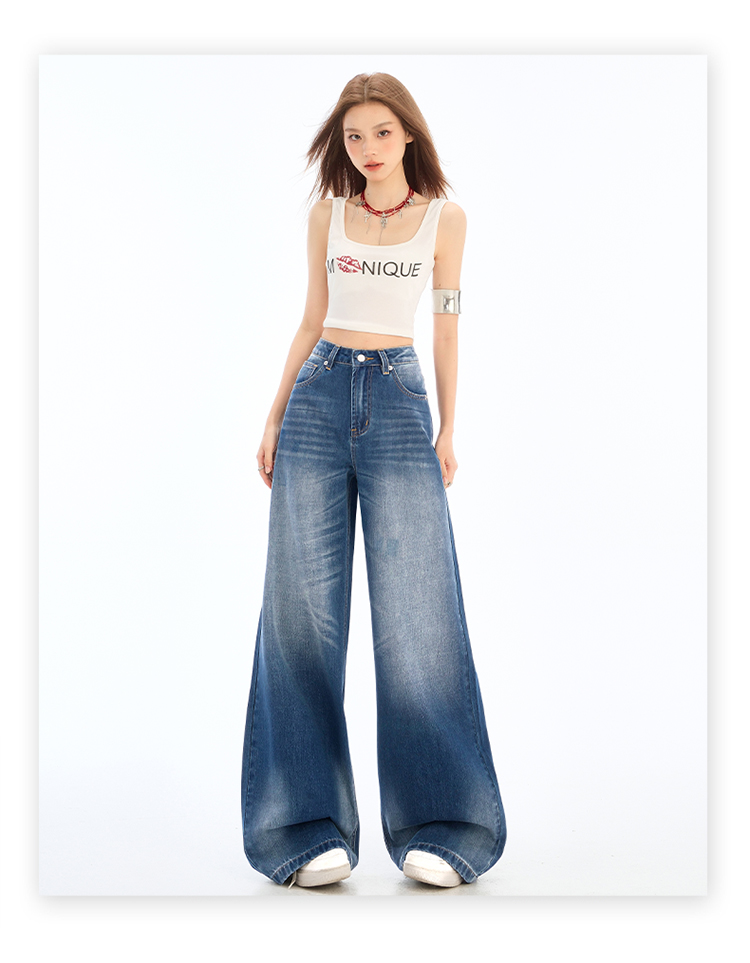 Blue wide-leg jeans for women in spring and summer 2025 new high-waist lazy drooping crease straight floor trousers