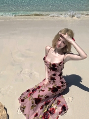 Real shot Customized fabric French square collar elegant flocking rose strap suspender dress