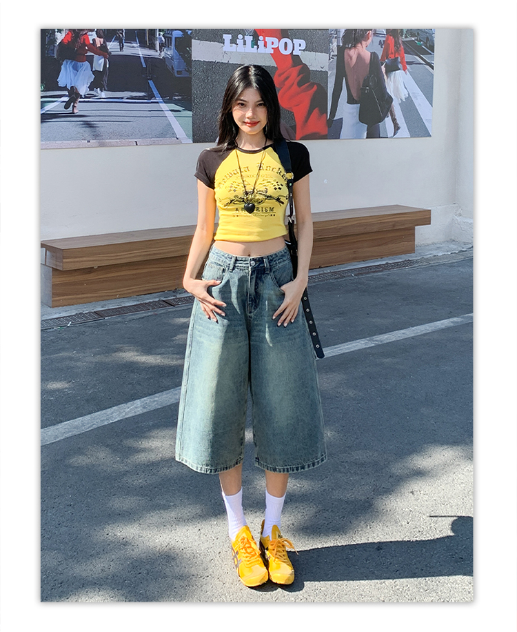 American high street retro wide-leg seven-point denim mid-pants for women 2025 spring and summer new high-waist slim loose straight pants