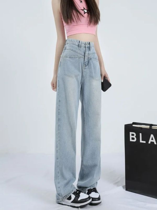 Light-colored wide-leg spring new jeans for women with high waist loose slim straight-leg small draped floor pants