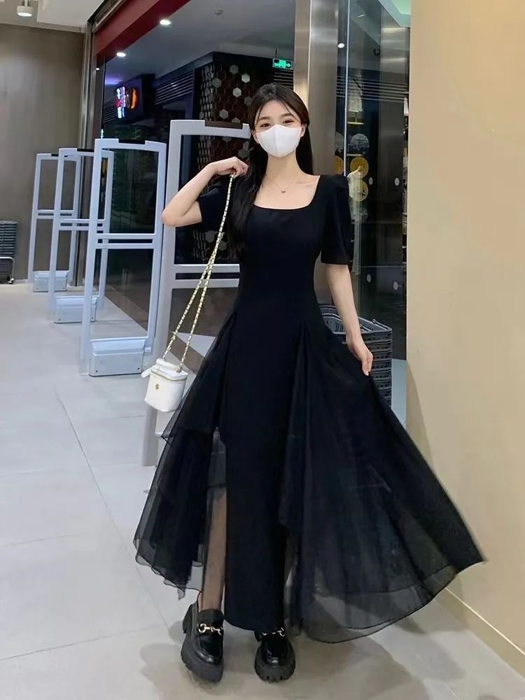 Salt-style outfit large size fat mm square collar short-sleeved black skirt 2025 summer new style design niche slim fit and slim