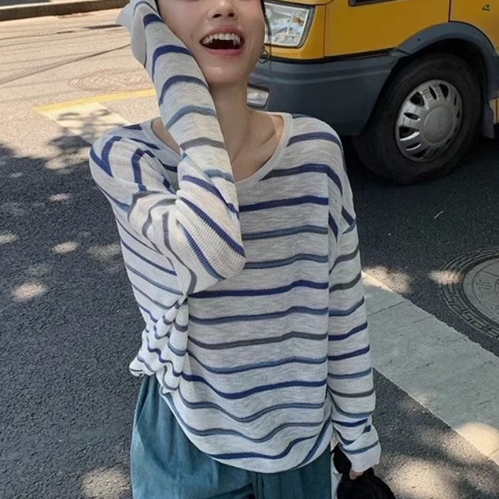 Korean atmosphere striped ice silk sun protection round neck T-shirt for women in summer slim and loose air conditioning shirt long sleeve top thin