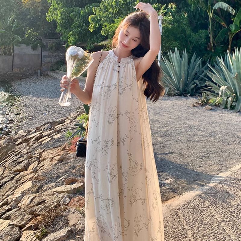 New Chinese style sleeveless halter neck dress in summer 2025 new temperament gentle and cold ink painting long skirt