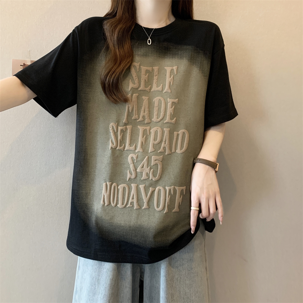 Real shot 220g pure cotton 100% cotton summer short-sleeved T-shirt for women loose print foam