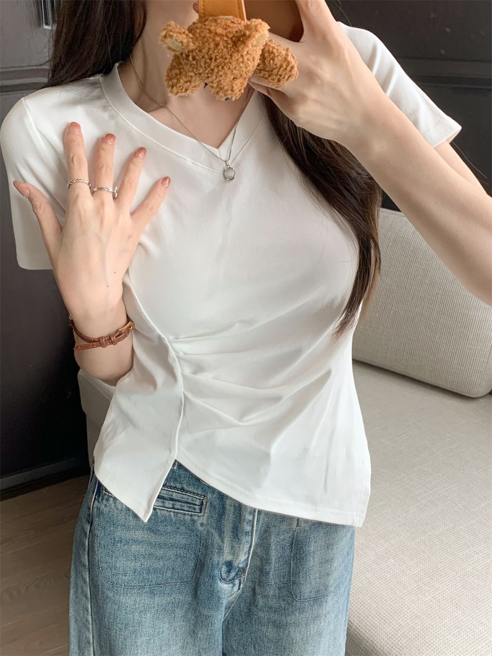 40 pure cotton 210g 92 cotton/8 spandex short-sleeved T-shirt for women wrinkled waist