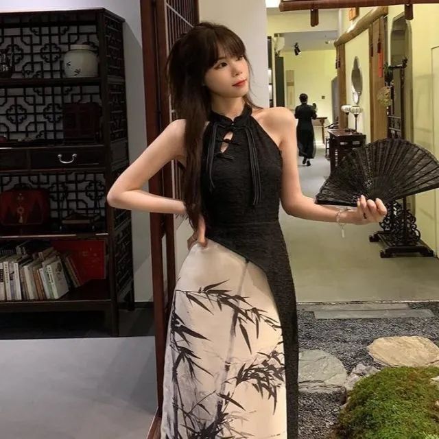 WAHJUIS Ink Smoke City New Chinese Improved Cheongsam Dress Women's Chinese Style Design Sexy Long Skirt