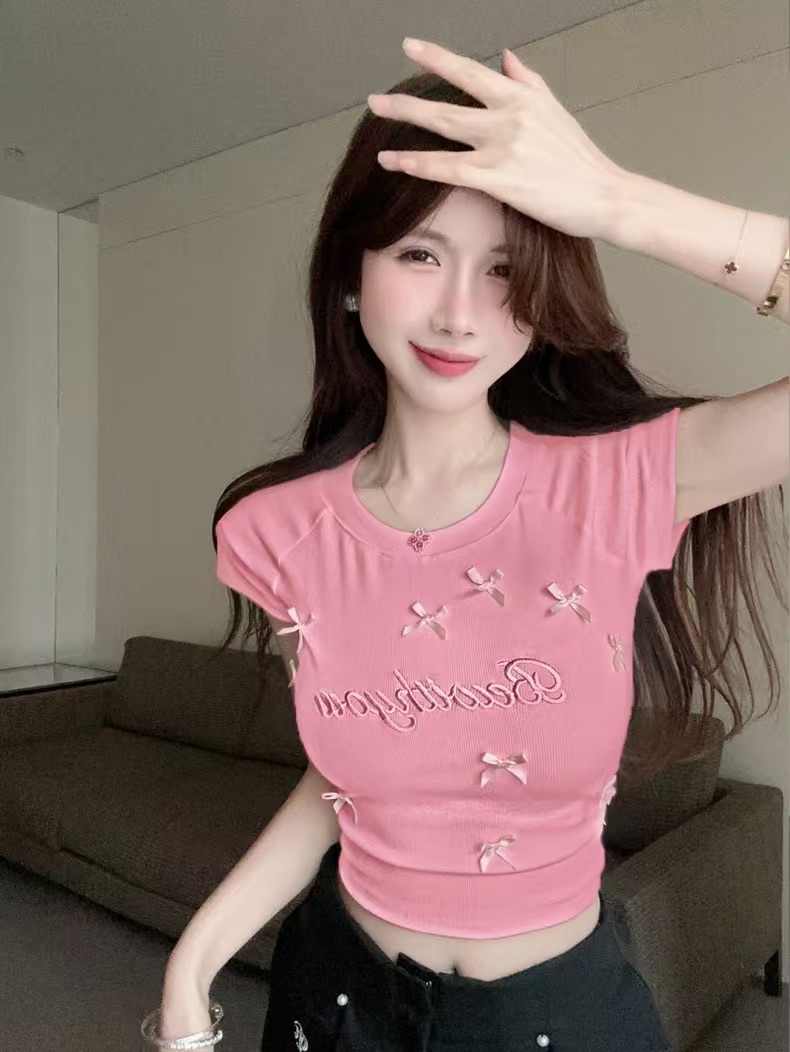 260 free-spirited white French bow embroidered short shirt for women