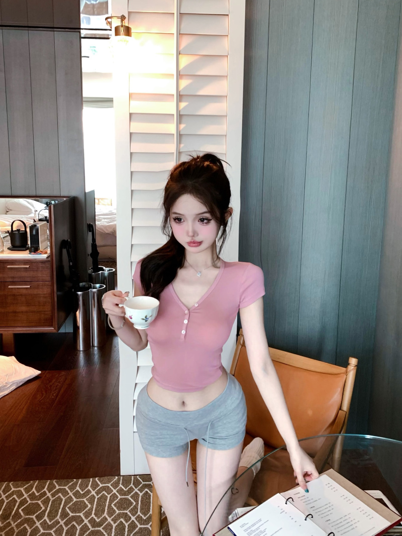 Real shot Henry's neck, narrow shoulder, short-sleeved T-shirt, basic versatile button slim body