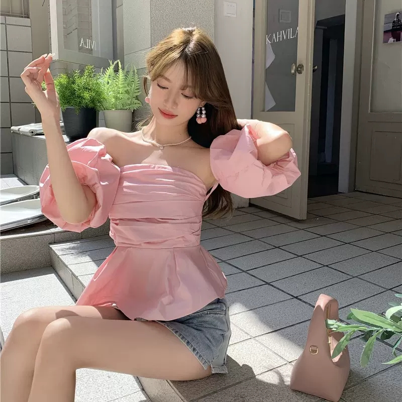 Sweet hot girl French strapless shirt for women in summer high-end sexy collarbone one-shoulder top niche trendy shirt