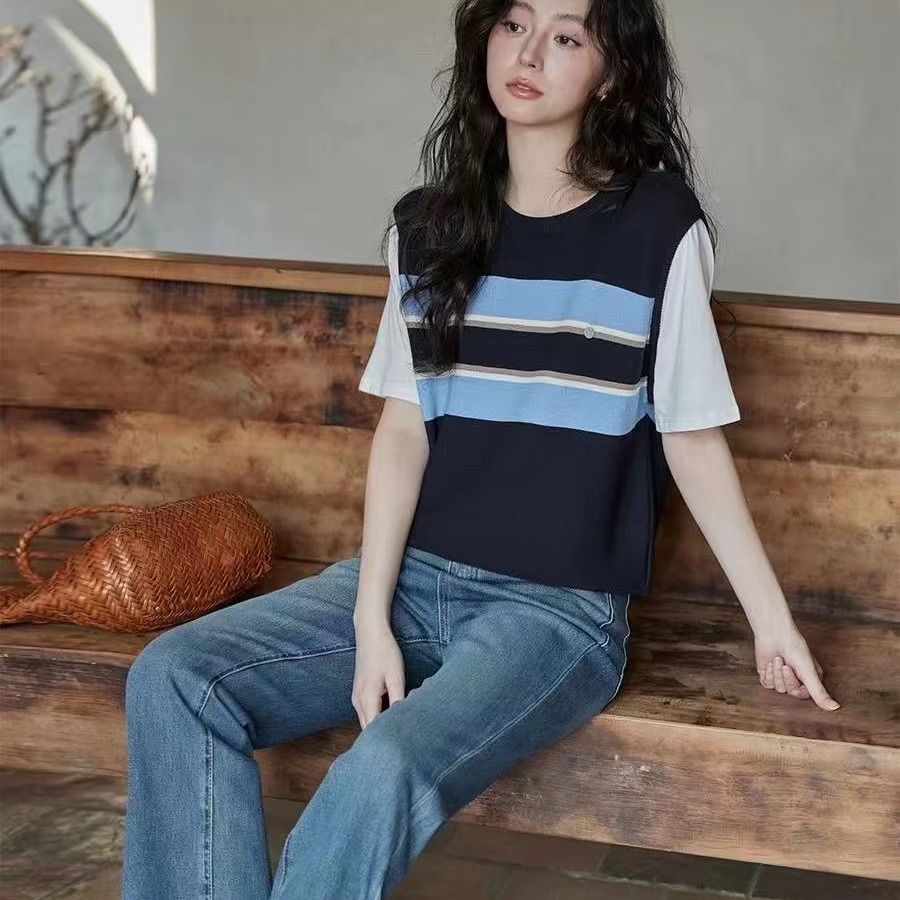 Ximeng's new summer Korean short style top with small and chic design sense fake two-piece sweater for women