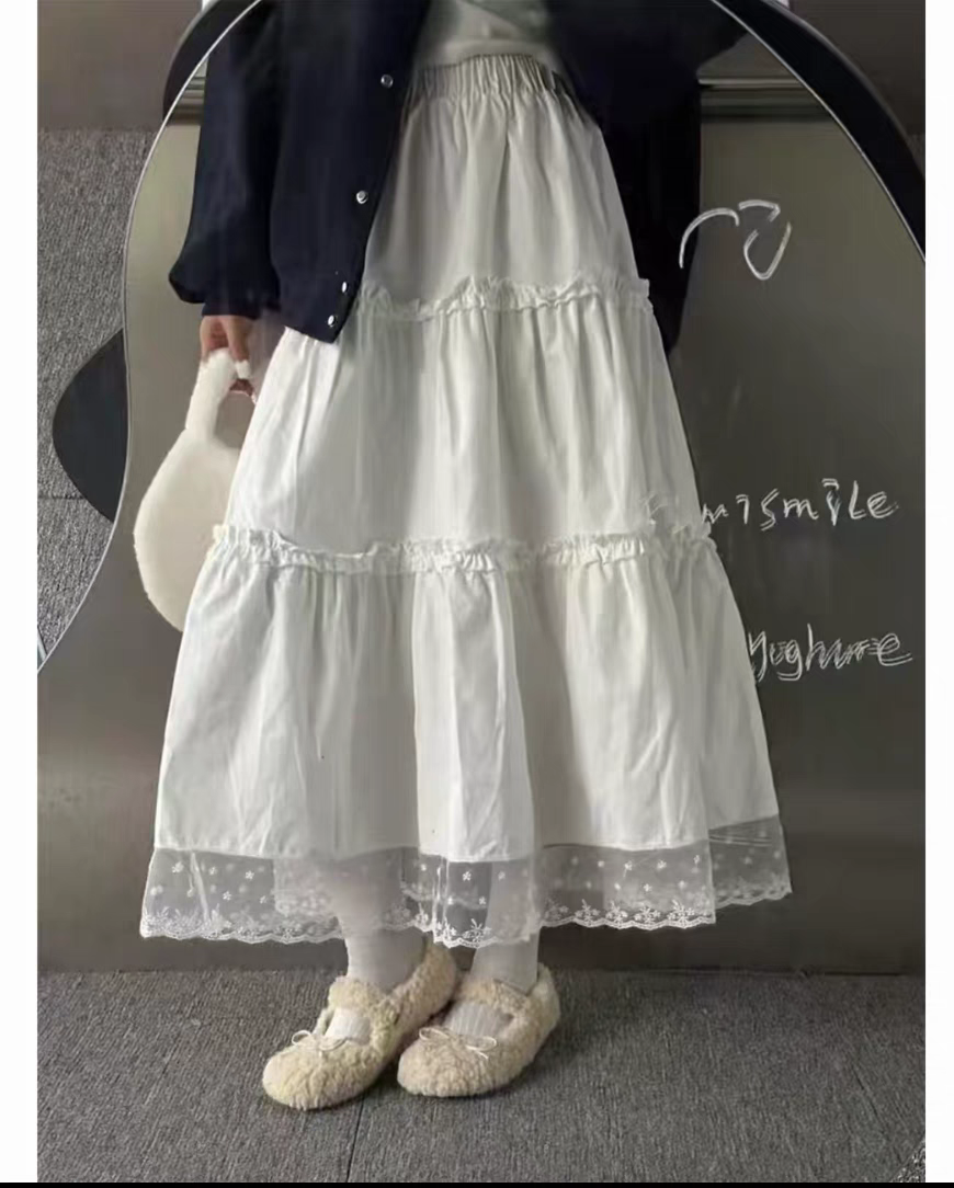 South Korea Dongdaemun 2025 Spring and Autumn New Temperament Elastic waist high waist mid-length lace skirt