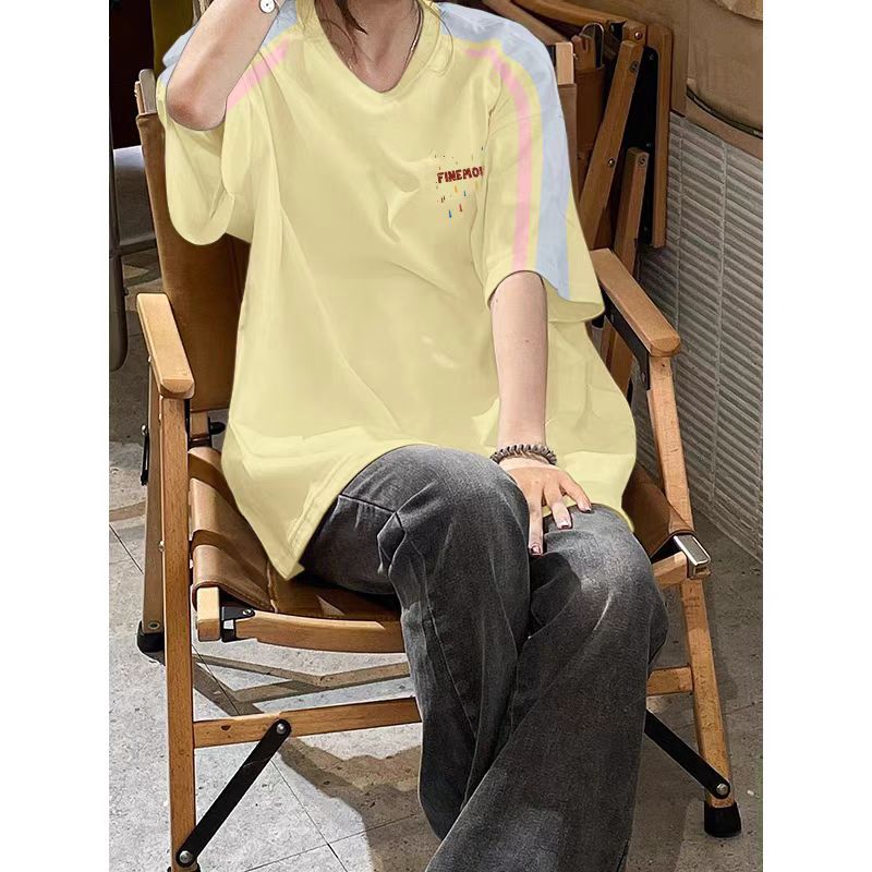 High-quality pure cotton 220g 19 pieces of wool + feel printed loose large version of raglan contrasting color short-sleeved T-shirt for women
