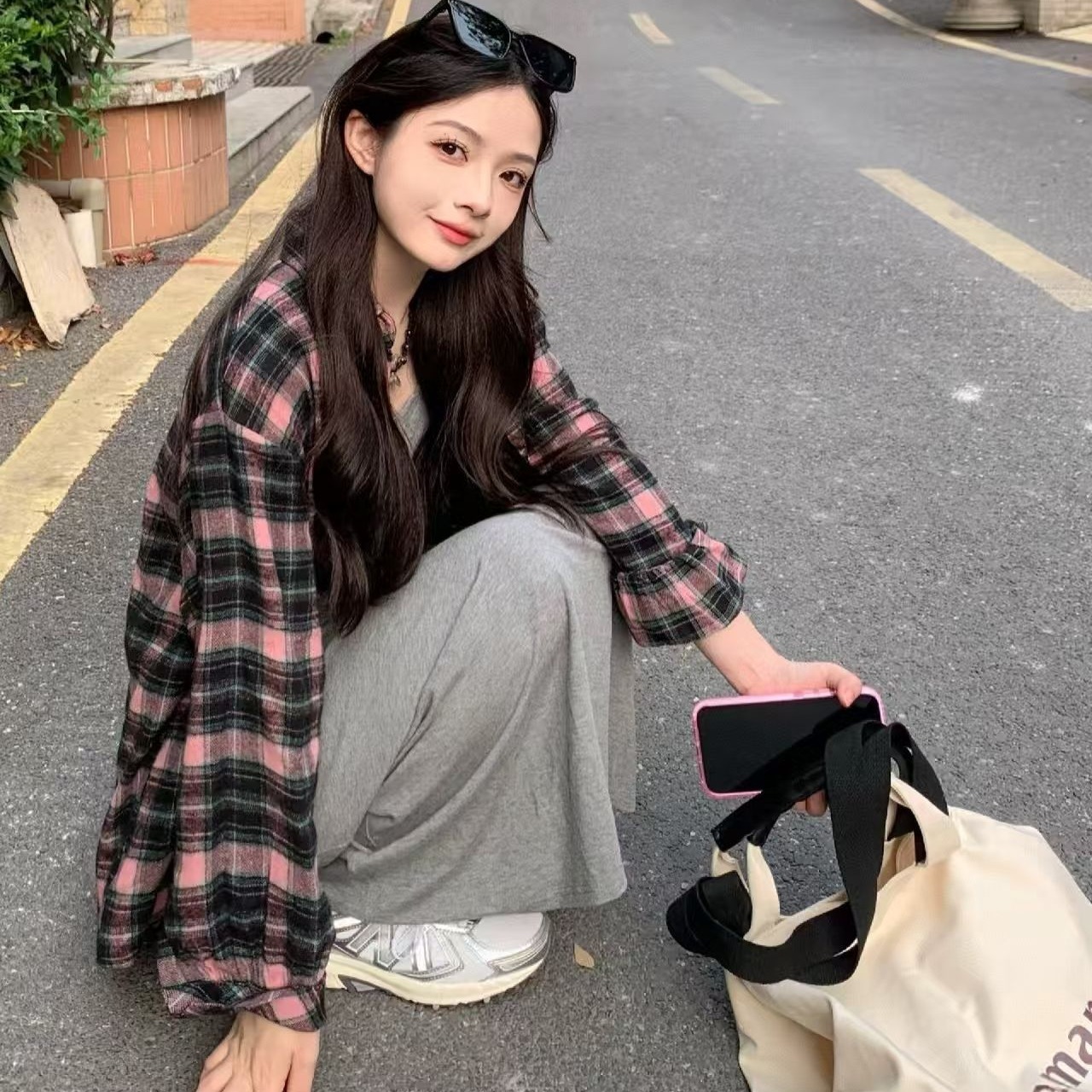 Retro pink blue checked shirt for women 2025 new Korean style ins loose casual slim shirt for outer wear