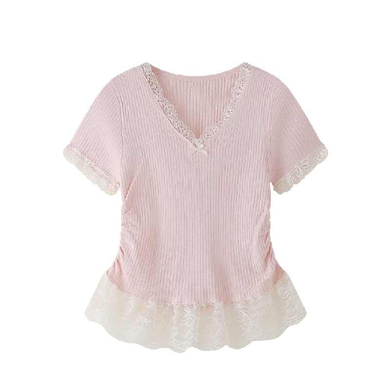 Dogwood pink V-neck fake two-piece lace top for women's spring wear miu lidopamine wear Morandi color slim T-shirt