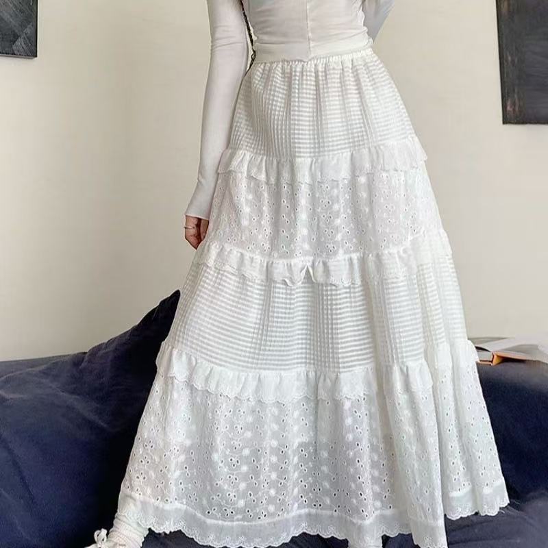 Lined cake skirt Lace skirt Women's French high-waisted A-line skirt hook-up skirt