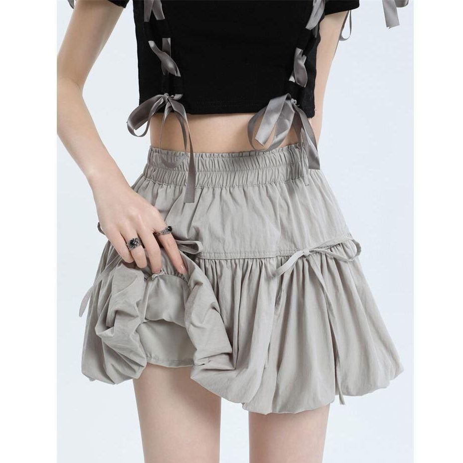 Flower bud short skirt for women in summer 2025 new bow high waist A-line skirt small fluffy cake skirt