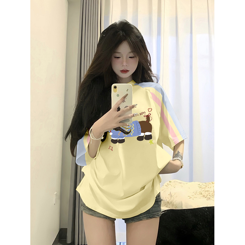 High-quality pure cotton 220g 19 pieces of wool + feel printed loose large version of raglan contrasting color short-sleeved T-shirt for women