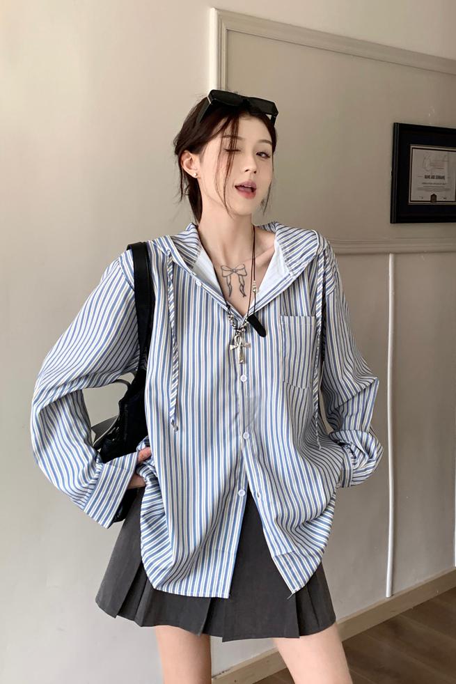 Korean retro lazy vertical striped hooded shirt for women 2025 spring versatile loose long-sleeved top sun protection jacket