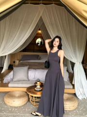 Real shot of new spring dress with slim waistband I-shaped vest backless long dress for women