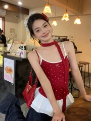 Sweet hot girl red polka dot suspender vest for women summer bow hem lace slim top