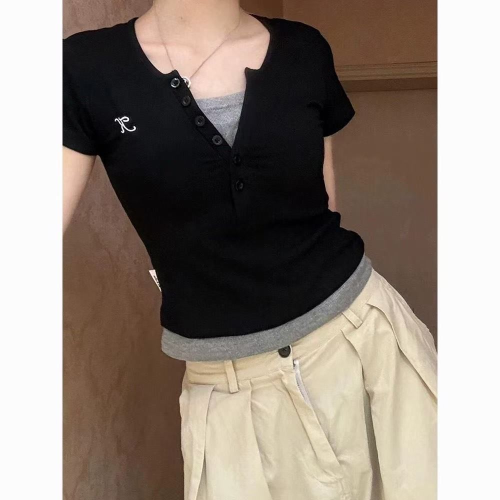 2*2 freely 260g hot girls fake two-piece short-sleeved T-shirt for women in summer slim top
