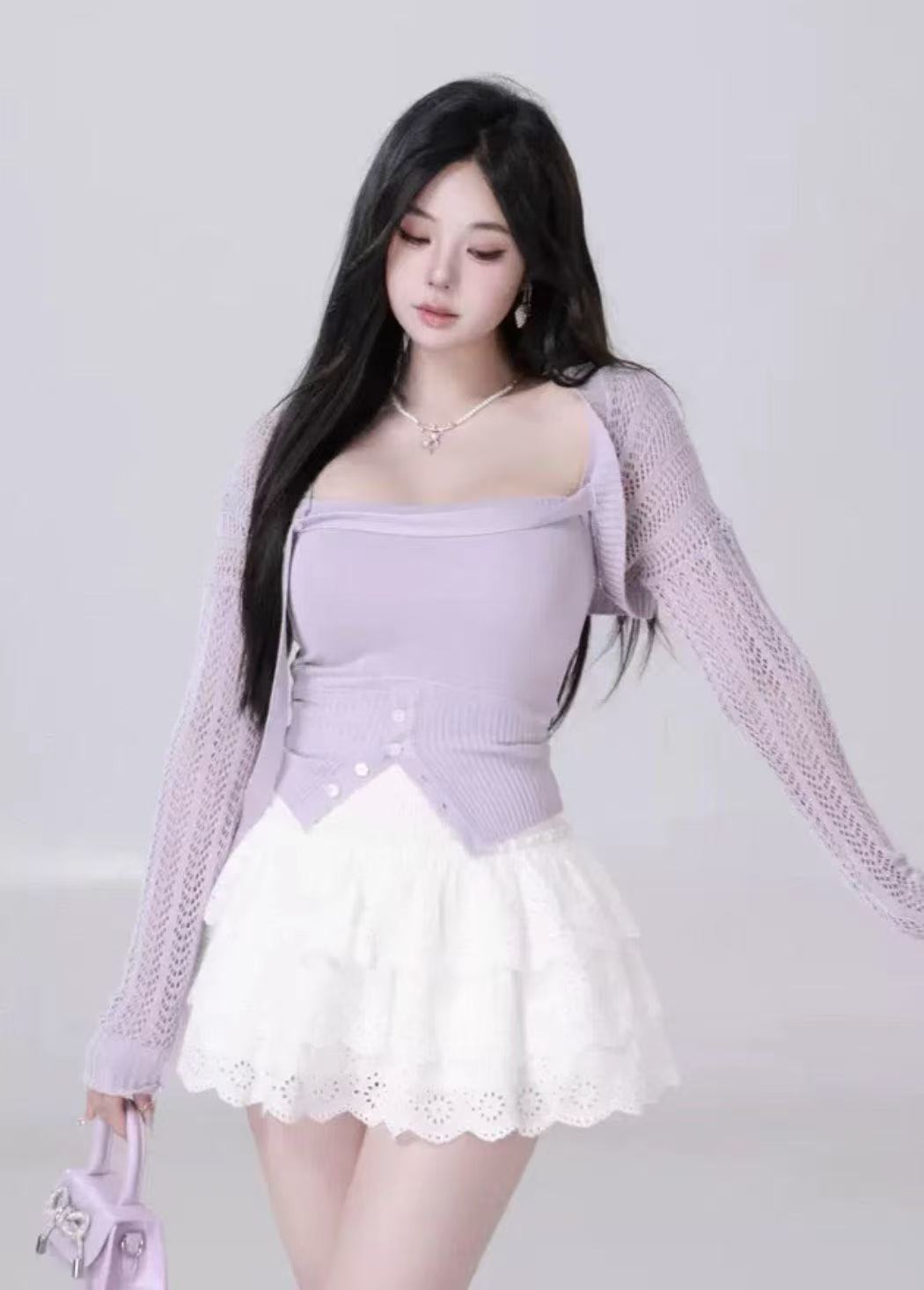 I2025 autumn new pure desire design sense hollow shawl knitted cardigan suspender slit waist vest for women