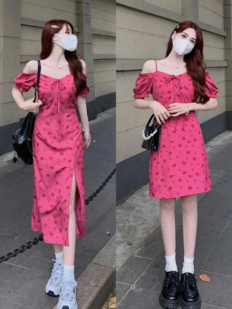 Large size French high-end rose red floral dress for women, summer fat mm temperament waist-hugging and slimming short-sleeved tea break skirt