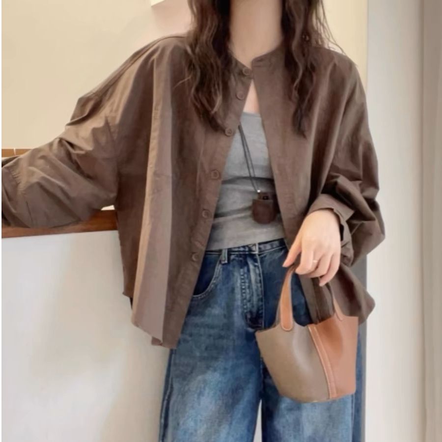 Large size fat mm Maillard brown long-sleeved shirt for women 2025 early autumn new style loose high-end cardigan top