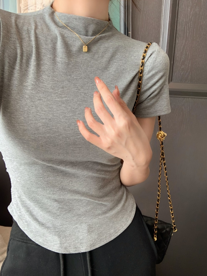 Real photo 40 pure cotton 210g 92 cotton/8 spandex short-sleeved T-shirt for women with waist-hugging half-high collar