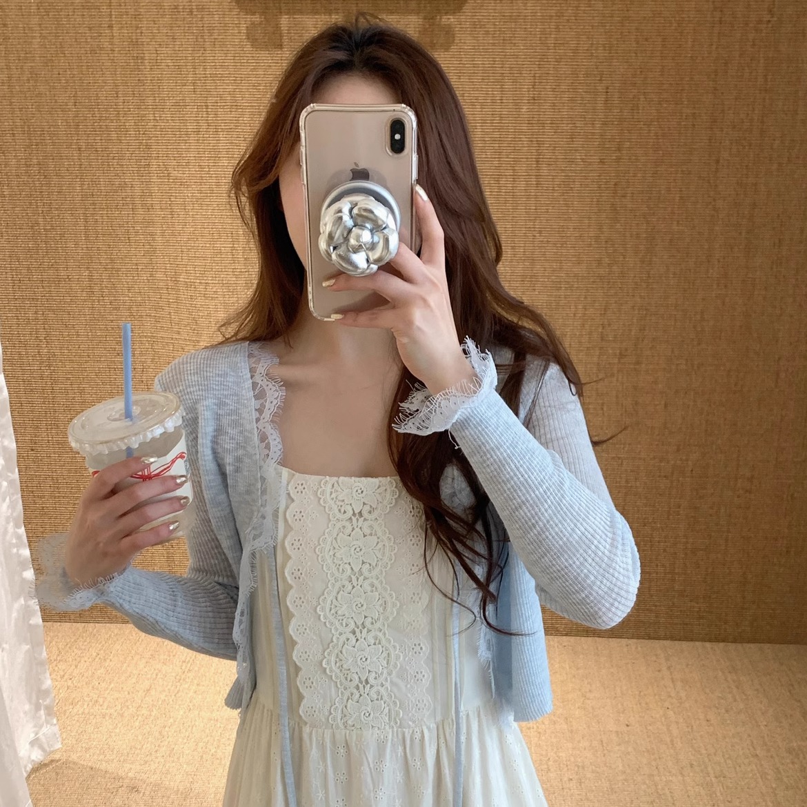 Lace spliced ​​lace lace-up ice silk knitted cardigan for women's spring French shawl with sunscreen blouse with skirt top