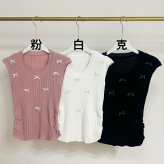 French sweet design U-neck bow sweater women's slim fit slim pure and age-reducing irregular top