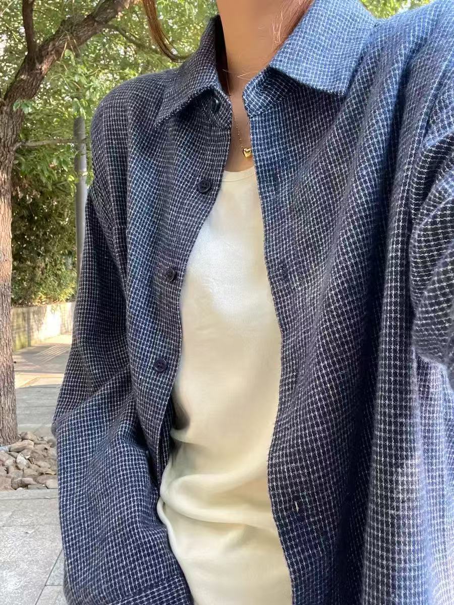 Wrinkled plaid shirt for women in spring, autumn and winter small people with versatile design and layered loose casual top jacket