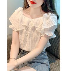 French style ruffled top for women in summer design chic drawstring shirt niche puff sleeve chiffon shirt
