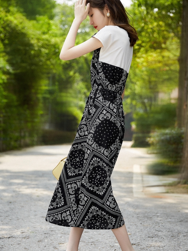 Vital wind!  Retro print + mesh round neck, elastic waist, spliced ​​fake two-piece dress ELQZ43619