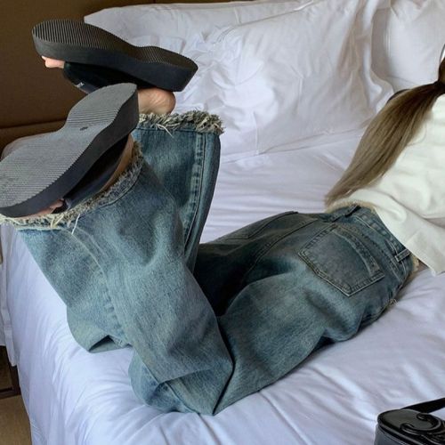 women's spring and summer high waist loose high street small retro tassel fur wide-leg trousers