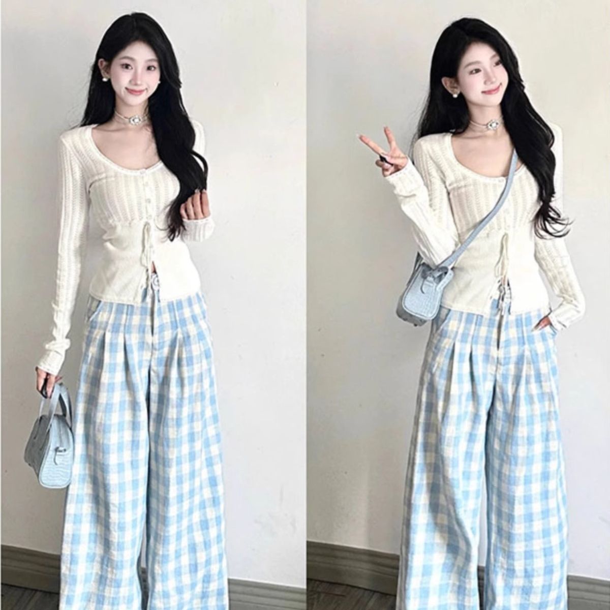 French white U-neck hollow lace long-sleeved sweater for women early spring hot girls design lace-up waist top