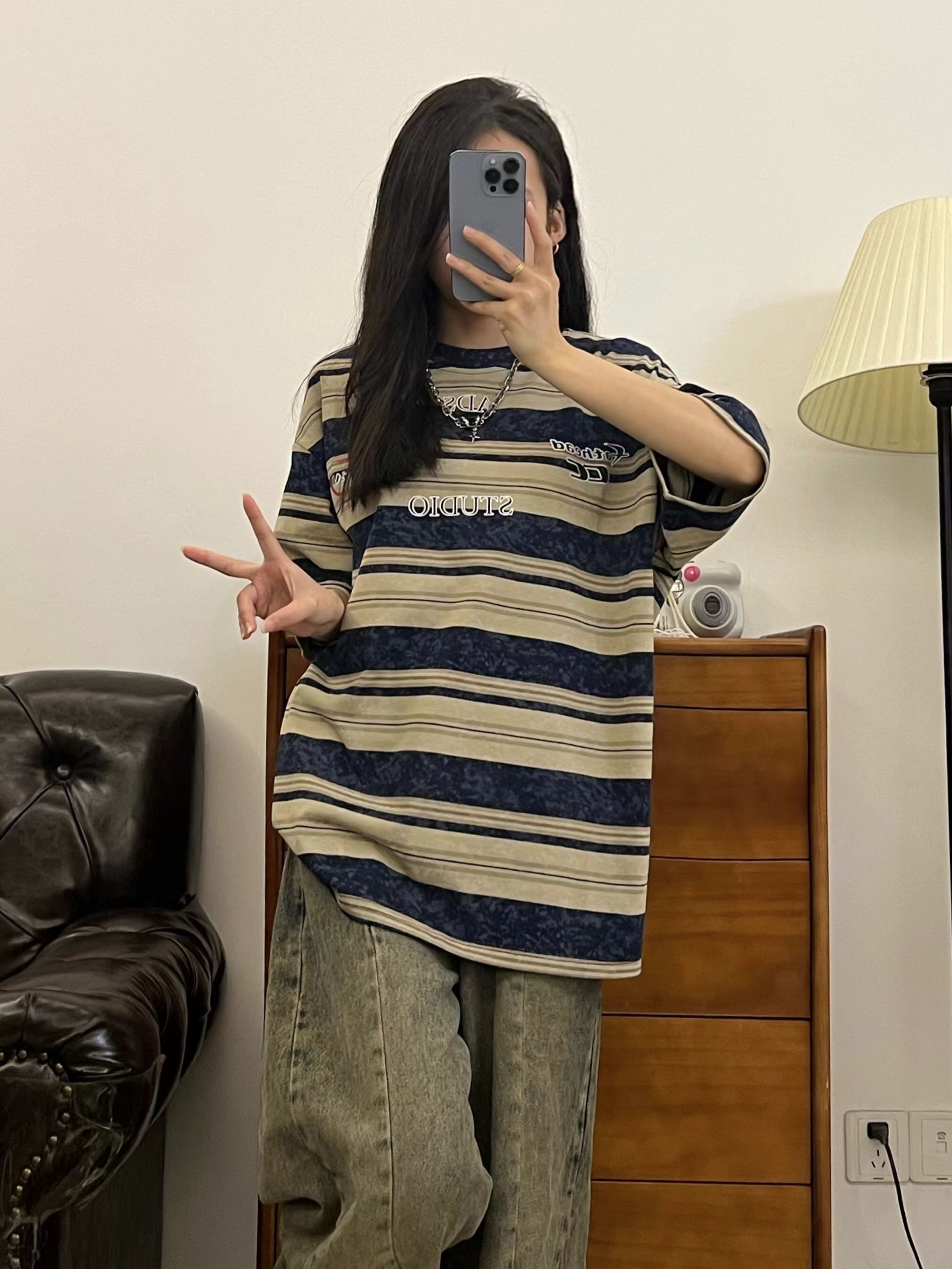 Original fabric pure cotton American retro round neck striped short-sleeved T-shirt new tie-dye trendy top