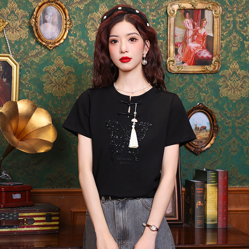 Real shot of new Chinese style Chinese style white T-shirt for women short-sleeved three-dimensional embroidered wrinkled waist-hugging and slimming body