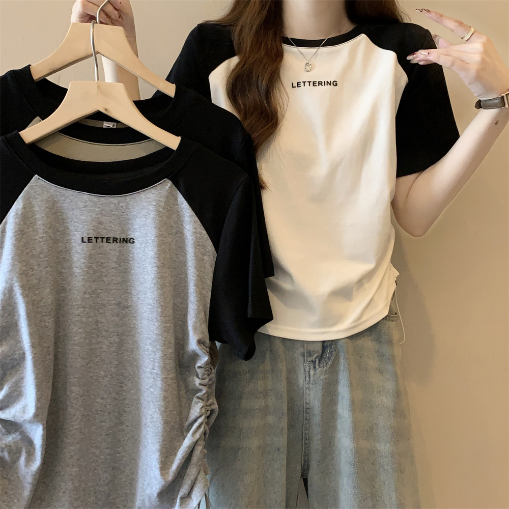 Real shot 40 pure cotton 210g 92 cotton/8 spandex short-sleeved T-shirt for women waist three-dimensional glue printing