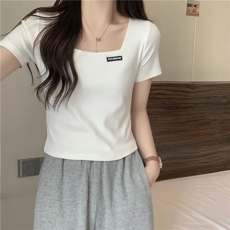 Real shot of pure cotton ribbed square collar shoulder short-sleeved T-shirt for women