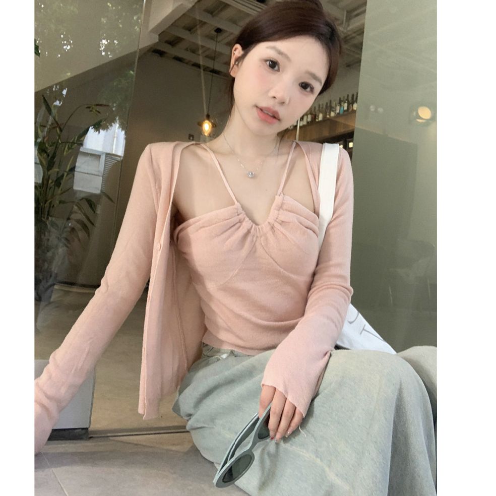 Tmall quality summer suit neck halter pure desire suspender sun protection thin knitted cardigan two-piece top
