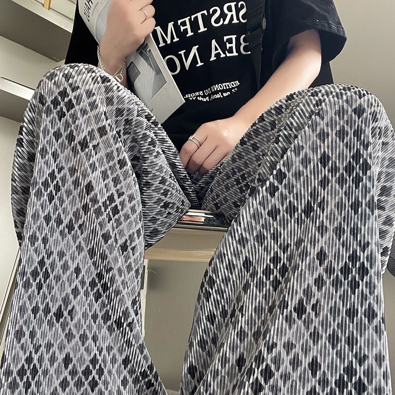 ins風冰絲褶皺闊腳褲女夏季新款高腰休閒褲直筒寬鬆垂墜感拖地褲