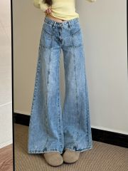 美式辣妹復古水洗闊腿牛仔褲2025春季新款高腰寬鬆百搭顯瘦闊腿褲